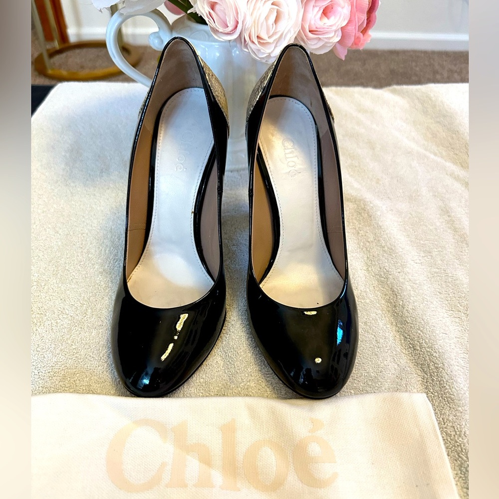 Chlo Black Parent Leather Pumps With Python Heels… - image 1